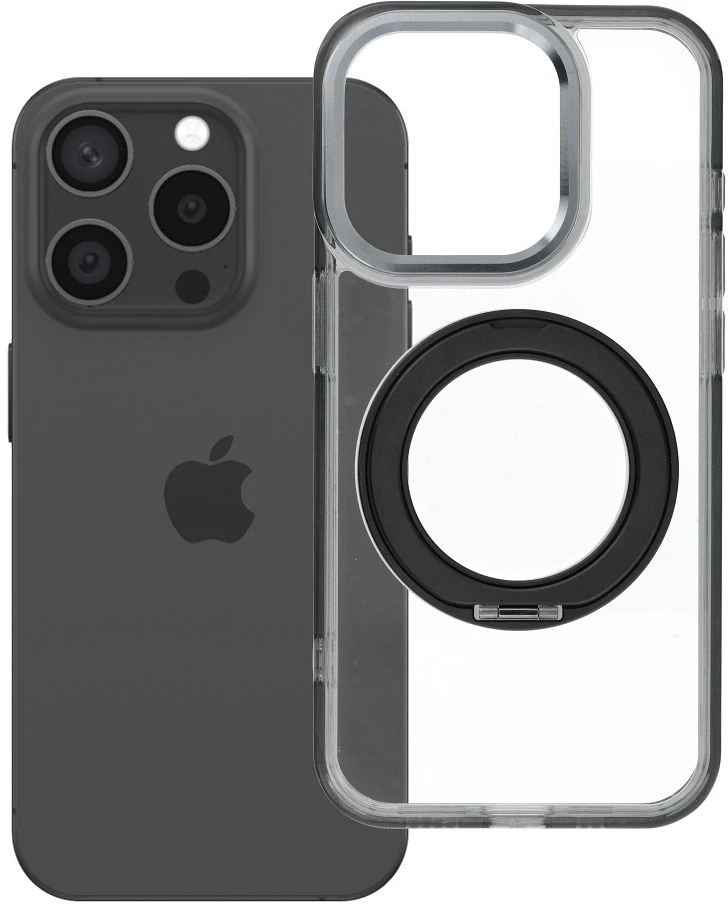 Oem Originalus „iPhone 15 Pro“ dėklas su apvaliu stovu, suderinamas su „MagSafe“ ir juodas