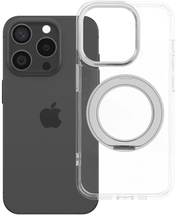 Oem Originalus „iPhone 15 PRO“ dėklas su apvaliu stovu, suderinamas su „MagSafe“ ir skaidriu dangteliu.