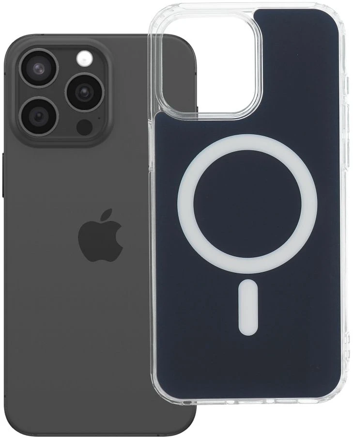 OEM dėklas, skirtas iPhone 15 PRO MAX, skaidrus „Fusion Mag Cover“, suderinamas su „MagSafe“, tamsiai mėlynas