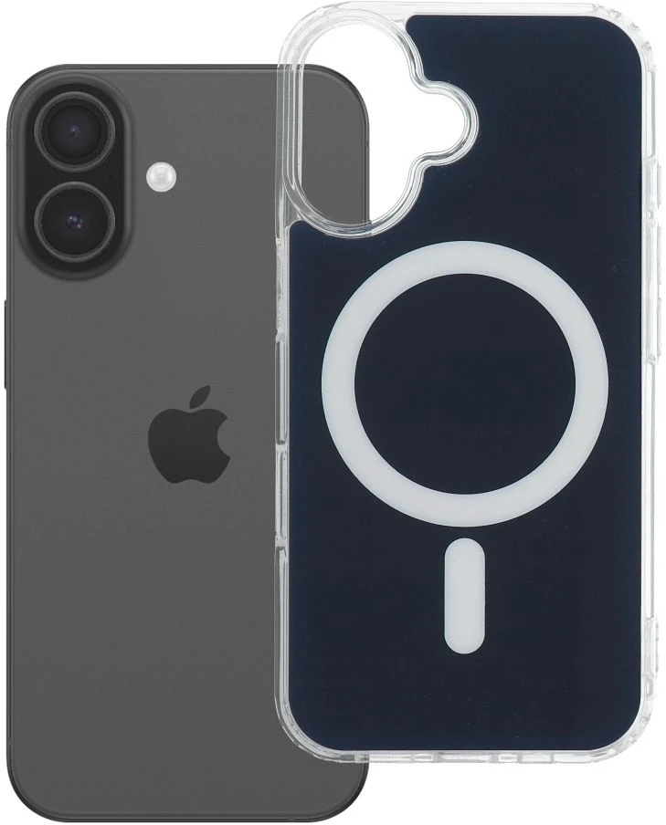 OEM dėklas, skirtas iPhone 16, skaidrus „Fusion Mag Cover“, suderinamas su „MagSafe“, tamsiai mėlynas