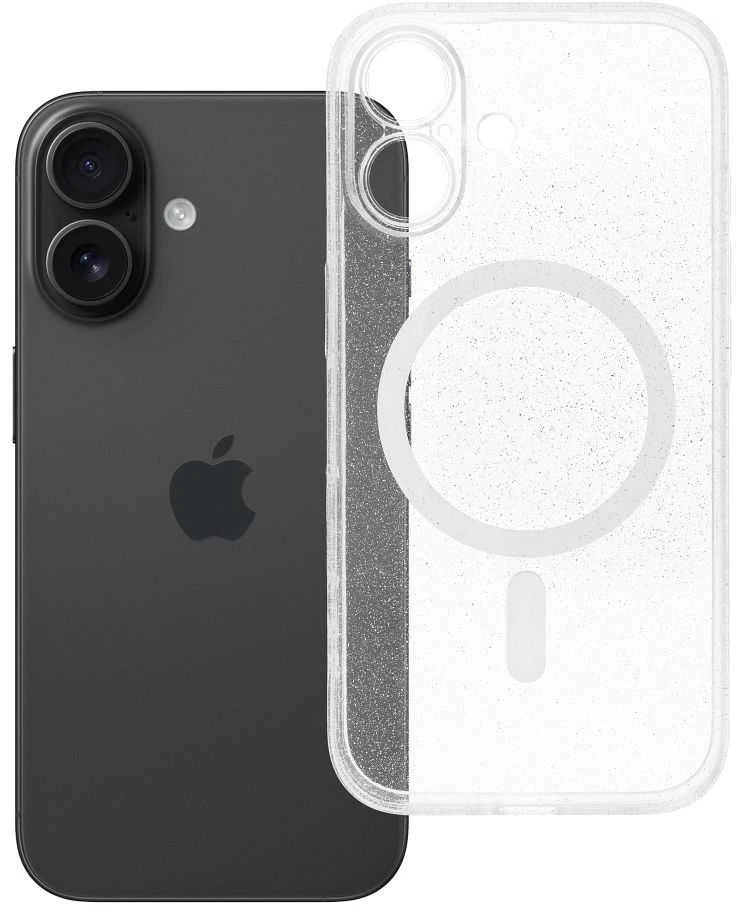 Oem Originalus „iPhone 16“ skaidrus „Mag“ dėklas – blizgučiai (STR / APSAUGA NUO FOTOAPAROS), suderinamas su „MagSafe“ skaidriais blizgučiais.