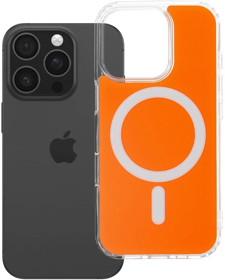 OEM dėklas, skirtas iPhone 16 PRO, skaidrus „Fusion Mag Cover“, suderinamas su „MagSafe“, hermes oranžinis