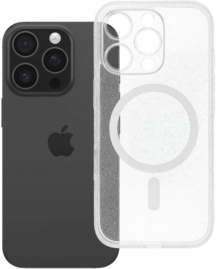 Oem Originalus „iPhone 16 PRO“ skaidrus „Mag“ dėklas – blizgučiai (STR / APSAUGA NUO FOTOAPAROS), suderinamas su „MagSafe“ permatomais blizgučiais.