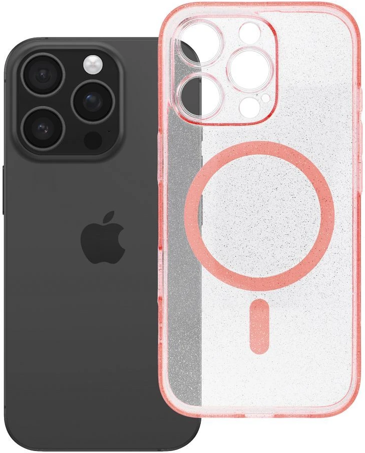 OEM dėklas iPhone 16 PRO, permatomas Mag dangtelis – blizgus (STR / KAMEROS APSAUGA), suderinamas su MagSafe, rožinis blizgus