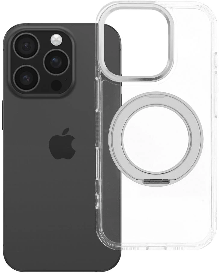 Oem Originalus „iPhone 16 PRO“ dėklas su apvaliu stovu, suderinamas su „MagSafe“ ir skaidriu dangteliu.