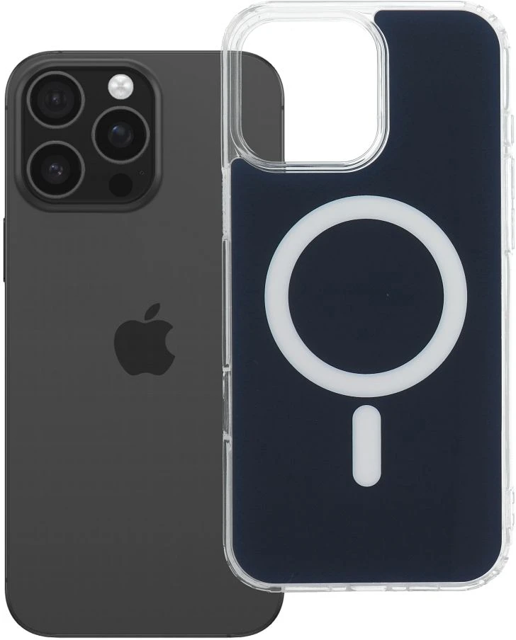 OEM dėklas, skirtas iPhone 16 PRO MAX, skaidrus „Fusion Mag Cover“, suderinamas su „MagSafe“, tamsiai mėlynas