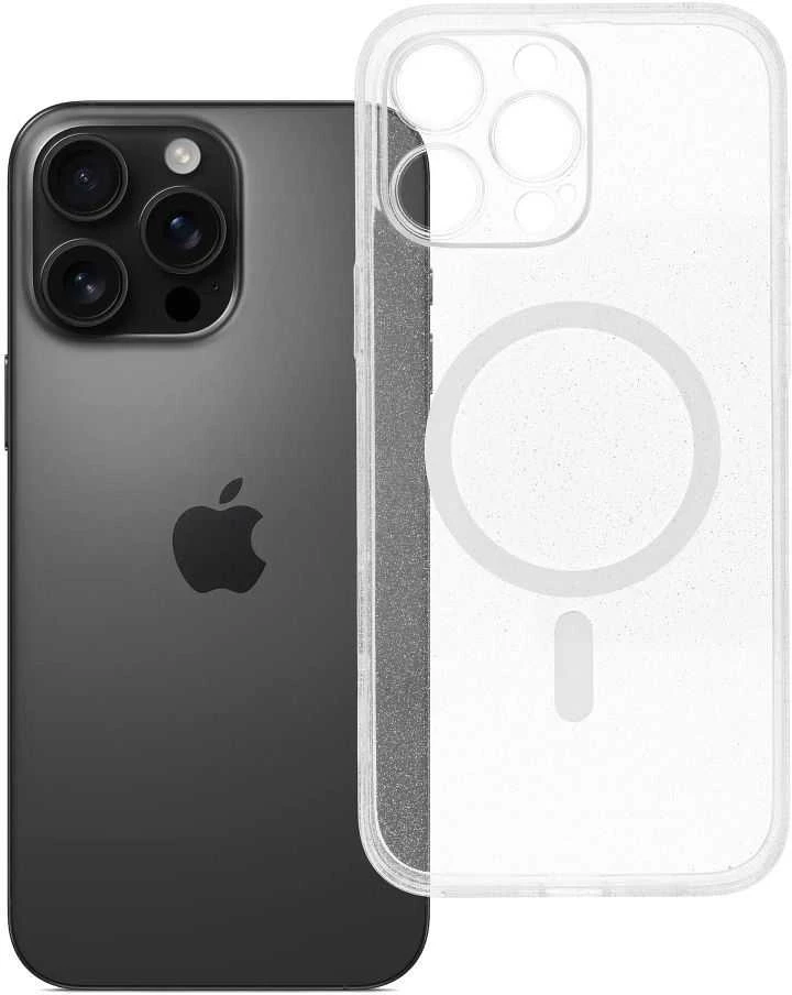 Oem Originalus „iPhone 16 PRO MAX“ skaidrus „Mag“ dėklas – blizgučiai (STR / APSAUGA NUO FOTOAPAROS), suderinamas su „MagSafe“ permatomais blizgučiais