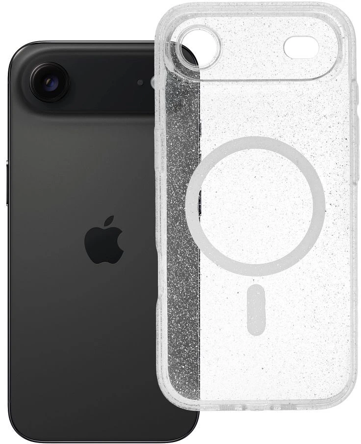 Oem Originalus „iPhone 17 AIR“ skaidrus „Mag“ dėklas – blizgučiais (STR / APSAUGA NUO FOTOAPAROS), suderinamas su „MagSafe“ skaidriais blizgučiais.