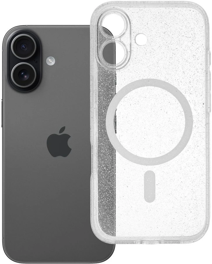 Oem Originalus „iPhone 17“ skaidrus „Mag“ dėklas – blizgučiai (STR / APSAUGA NUO FOTOAPAROS), suderinamas su „MagSafe“ skaidriais blizgučiais.