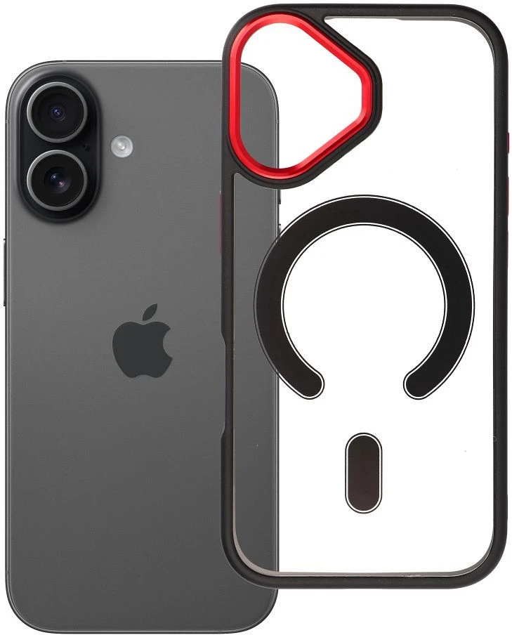 OEM dėklas, skirtas iPhone 17, spalvotas kraštas, MagSafe dėklas, juodas-raudonas