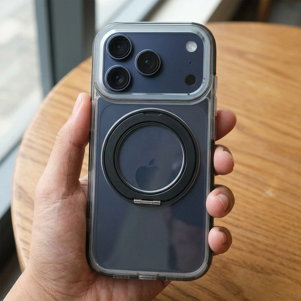 OEM dėklas, skirtas „iPhone 17 Pro Max / 18 Pro Max“ (žemas kameros kraštas), apvalus stovas, suderinamas su „MagSafe“ ir juodas