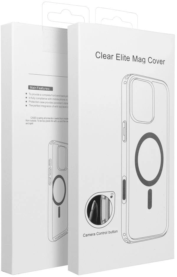 Oem Originalus „iPhone 17 Pro Max / 18 Pro Max“ skaidrus „Mag Cover Elite“ dėklas (STR / NEGELTONAS / SU KAMEROS VALDYMO MYGTUKU), suderinamas su „MagSafe“ permatomu dėklu.
