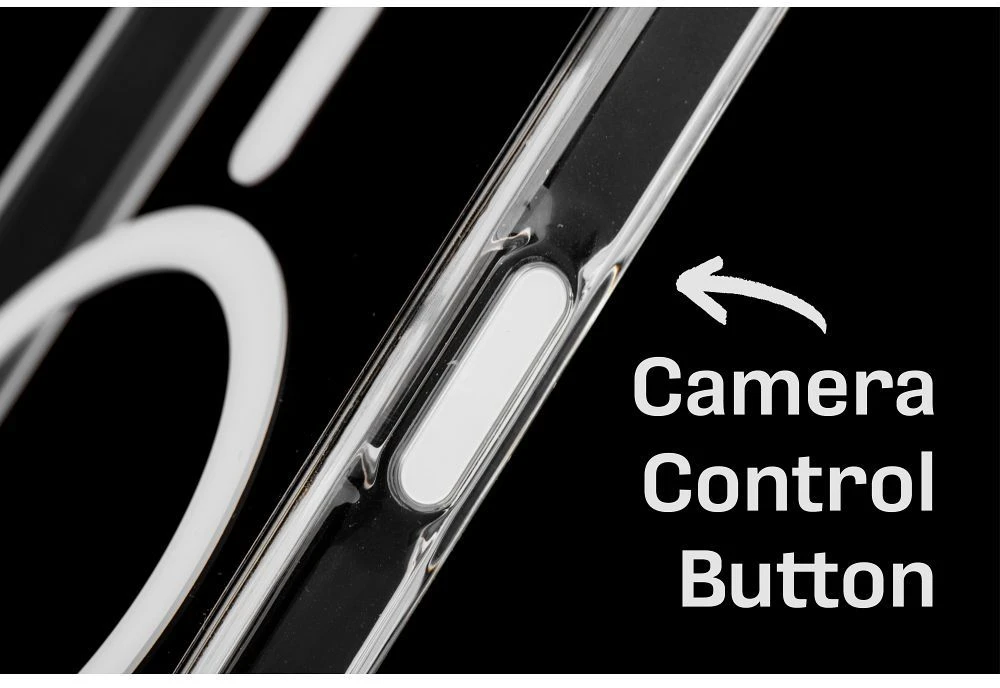Oem Originalus „iPhone 17 Pro Max / 18 Pro Max“ skaidrus „Mag Cover Elite“ dėklas (STR / NEGELTONAS / SU KAMEROS VALDYMO MYGTUKU), suderinamas su „MagSafe“ permatomu dėklu.