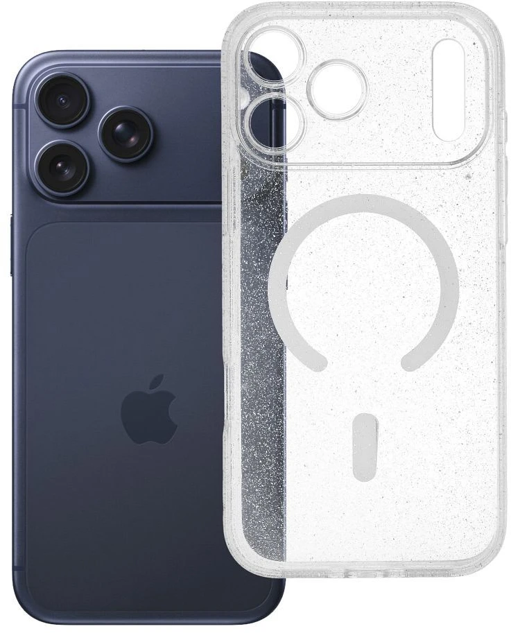 Oem Originalus „iPhone 17 Pro Max“ / „18 Pro Max“ dėklas (žemas kameros kraštas), skaidrus „Mag“ dėklas – blizgučiai (STR / APSAUGA KAMERAI), suderinamas su „MagSafe“ permatomais blizgučiais