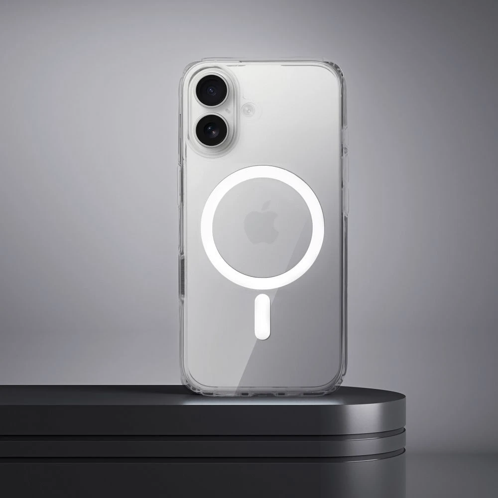 Oem Originalus „iPhone 17 Pro Max / 18 Pro Max“ skaidrus „Mag Cover Elite“ dėklas (STR / NEGELTONAS / SU KAMEROS VALDYMO MYGTUKU), suderinamas su „MagSafe“ permatomu dėklu.