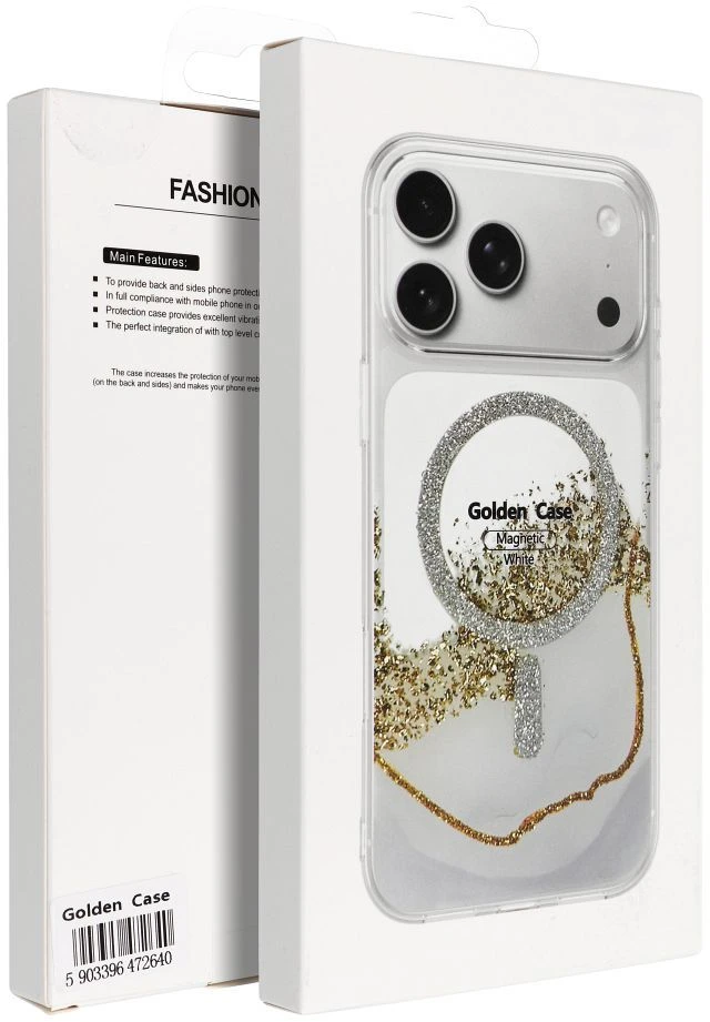 Golden OEM dėklas, skirtas iPhone 17 Pro Max / 18 Pro Max (žemas kameros kraštas), auksinis, suderinamas su MagSafe, baltas
