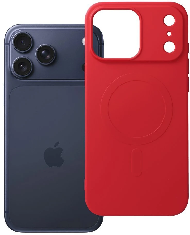 OEM dėklas, skirtas iPhone 17 Pro Max / 18 Pro Max (žemas kameros kraštas), silikoninis Mag dėklas, suderinamas su MagSafe (didele skylute), raudonas