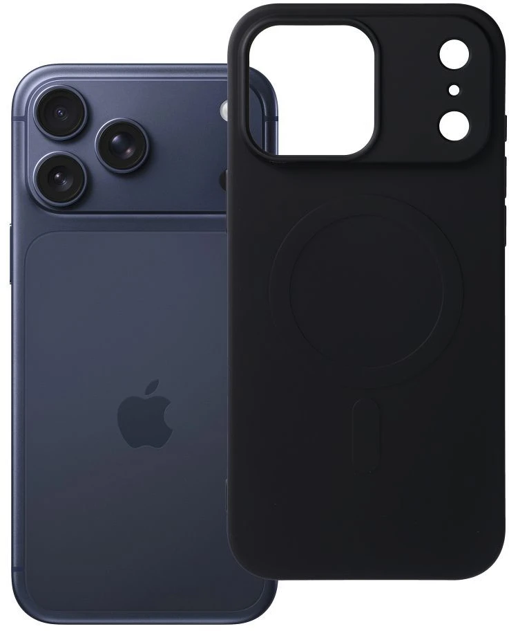 OEM dėklas, skirtas iPhone 17 Pro Max / 18 Pro Max (žemas kameros kraštas), silikoninis Mag dėklas, suderinamas su MagSafe (didelė skylė), juodas