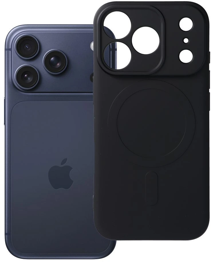 OEM dėklas, skirtas iPhone 17 Pro / 18 Pro (žemas kameros kraštas), silikoninis Mag dėklas, suderinamas su MagSafe (kameros apsauga), juodas