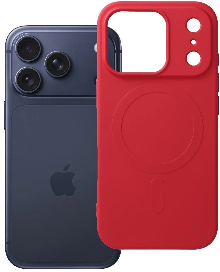 OEM dėklas, skirtas iPhone 17 Pro / 18 Pro (žemas kameros kraštas), silikoninis „MagSafe“ dėklas (didele skylute), raudonas