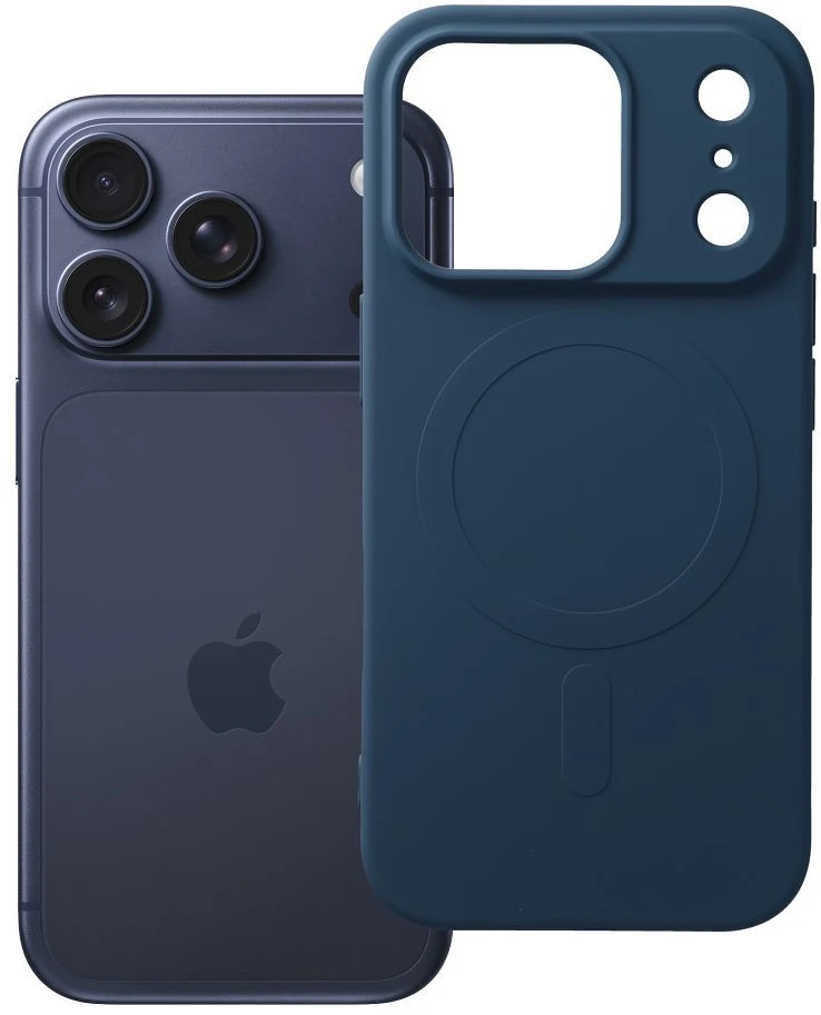 OEM dėklas, skirtas iPhone 17 Pro / 18 Pro (žemas kameros kraštas), silikoninis Mag dėklas, suderinamas su MagSafe (didelė skylė), mėlynas