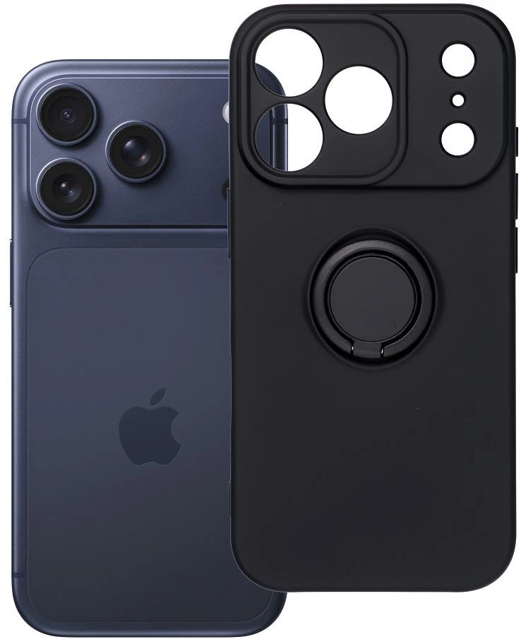 OEM dėklas, skirtas iPhone 17 Pro / 18 Pro (žemas kameros kraštas), silikoninis žiedas, juodas