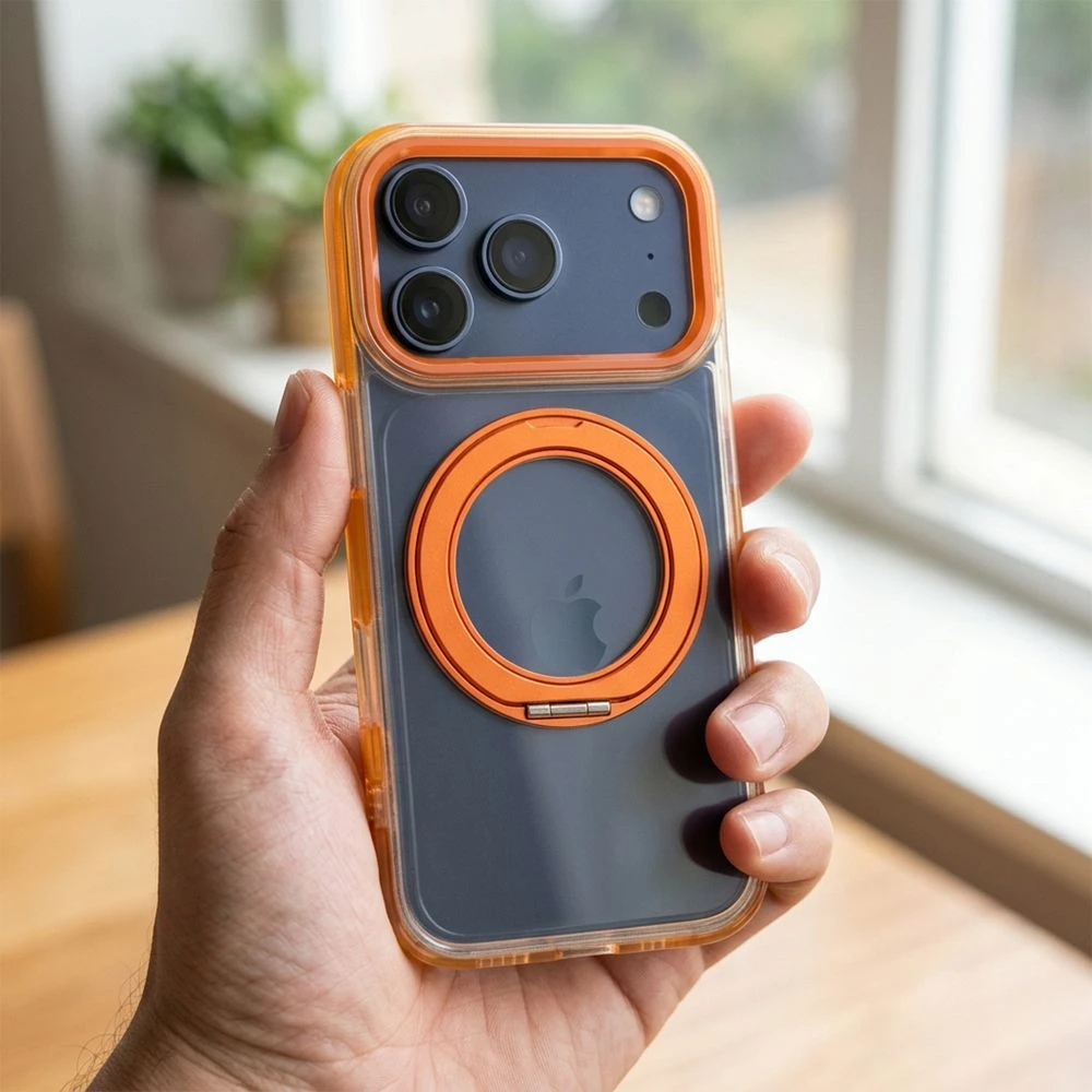 Dėklas Oem Case for iPhone 18 Pro Max / 17 Pro Max Frame Circle Stand compatible with MagSafe oranžinis