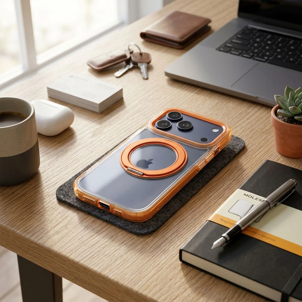 Dėklas Oem Case for iPhone 18 Pro Max / 17 Pro Max Frame Circle Stand compatible with MagSafe oranžinis