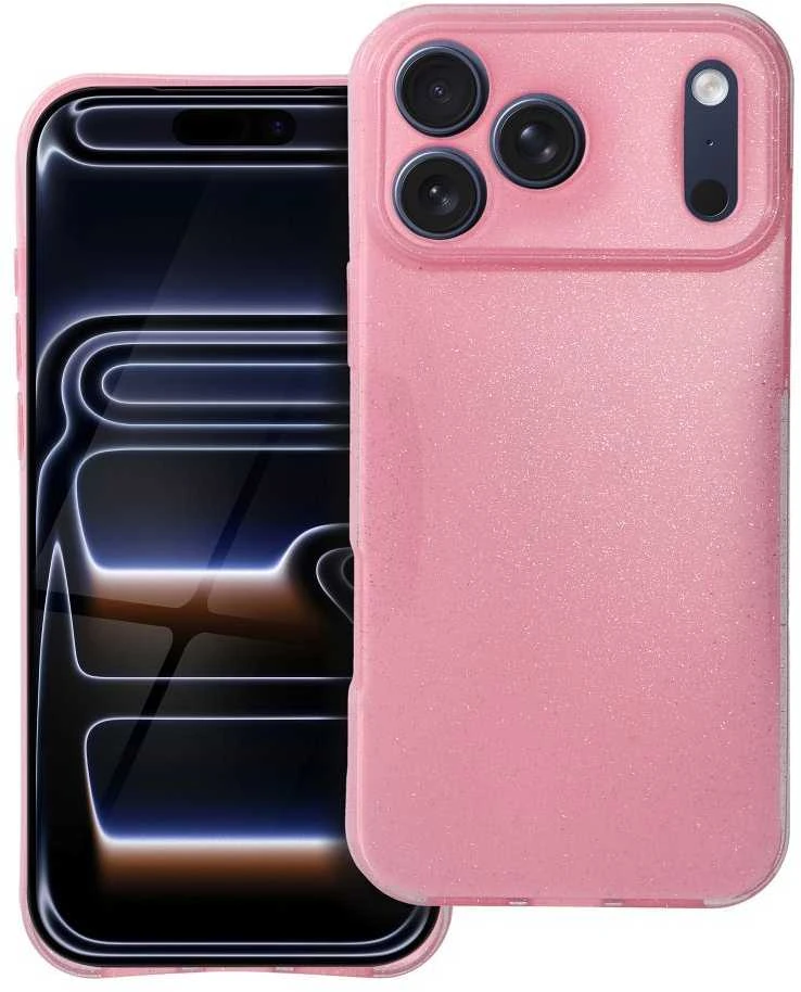 OEM dėklas, skirtas „iPhone 17 Pro Max / 18 Pro Max“ (žemas kameros kraštas), skaidrus, 2 mm, mirksinčios rožinės spalvos