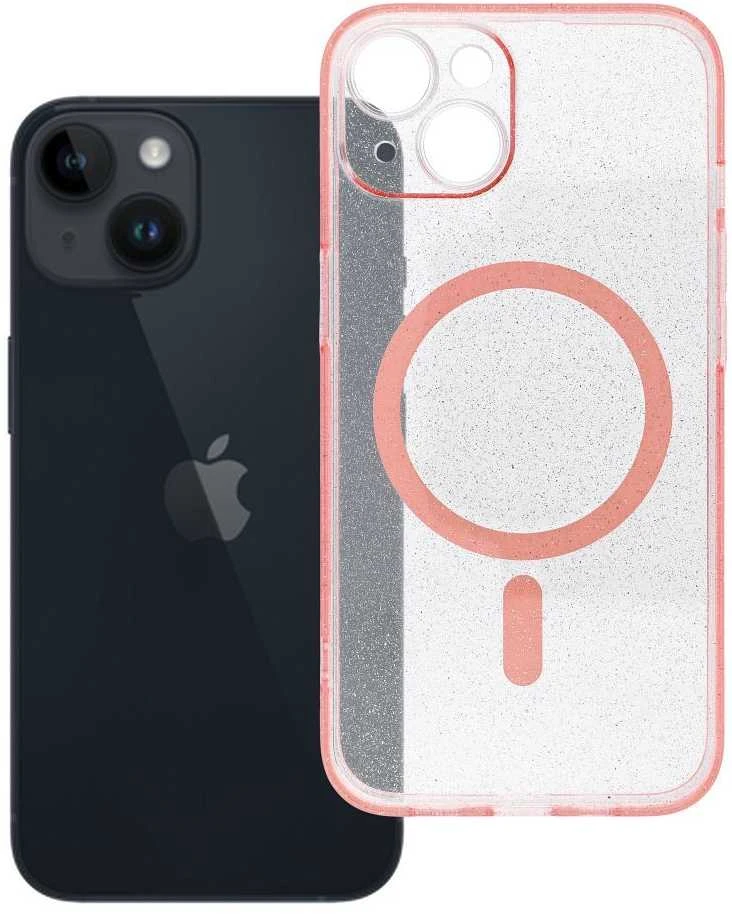 Oem Originalus „iPhone 14“ dėklas su skaidriu „MagSafe“ blizgučiais ir kameros apsauga – suderinamas su rausvais blizgučiais.