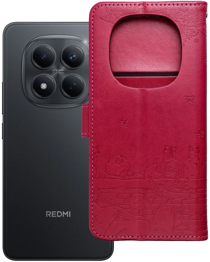 OEM atverčiamas dėklas Redmi NOTE 15 5G Mezzo Book katėms, raudonas