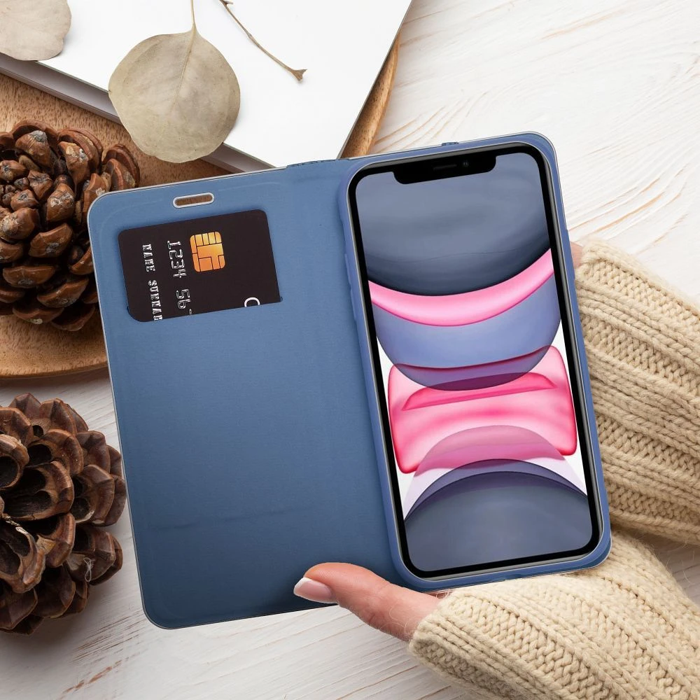 Dėklas Oem LUNA Book Carbon for IPHONE 14 Plus mėlynas