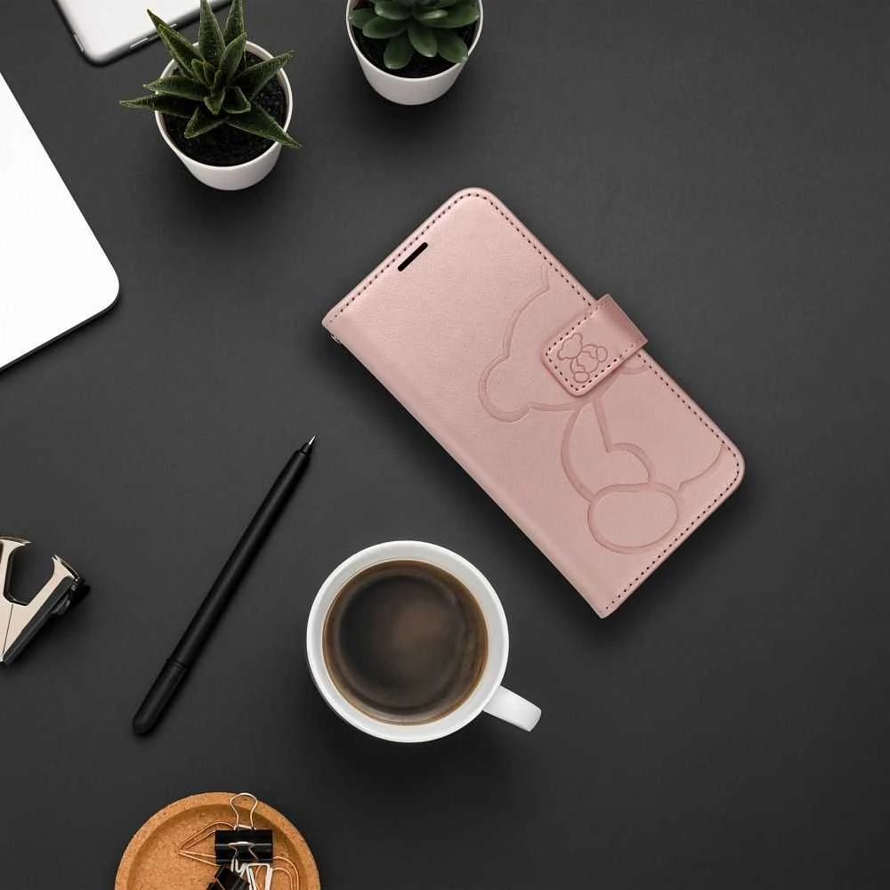Forcell OEM atverčiamas dėklas iPhone 16e (SE 4 2025) Mezzo Book meškiukas su rožiniu auksiniu