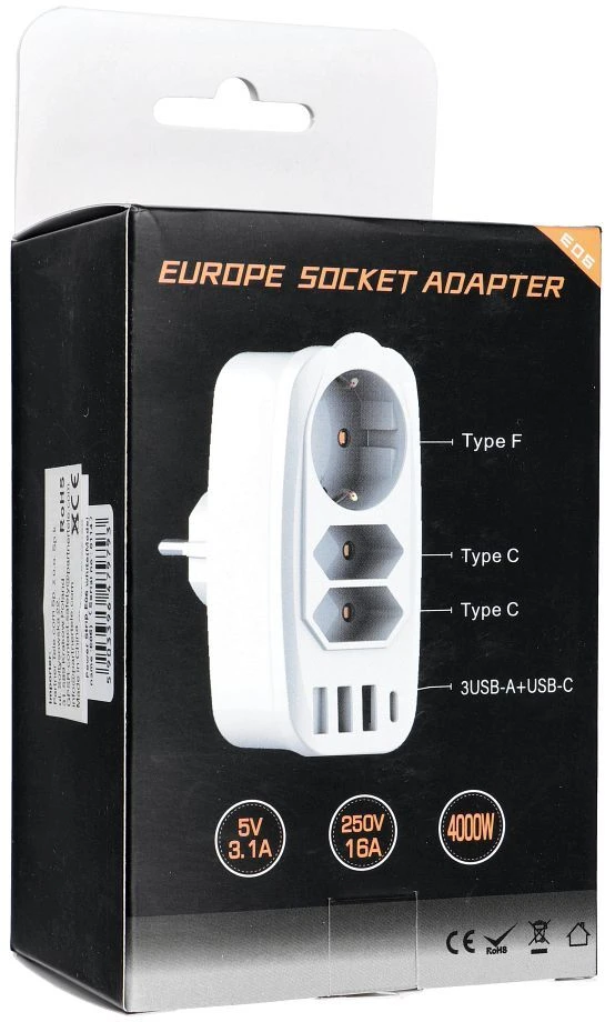 Oem Power strip with 3 sockets max 16A with 3x USB A, 1x typ C jungtys E06 baltas