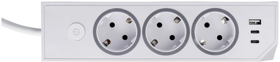 Oem rozetė su 3 lizdais, maks. 3680W, 1xUSB A, 2x type C 25W jungtys su 1,5 m maitinimo laidu E59 balta
