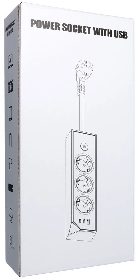 Oem rozetė su 3 lizdais, maks. 3680W, 1xUSB A, 2x type C 25W jungtys su 1,5 m maitinimo laidu E59 balta