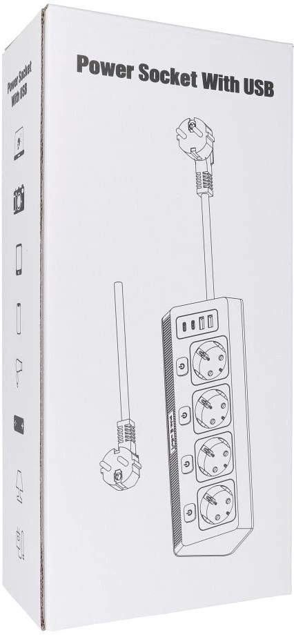 Oem Power strip with 4 sockets max 3680W, 2xUSB A, 2x type C jungtys with 2m power cable E42 baltas