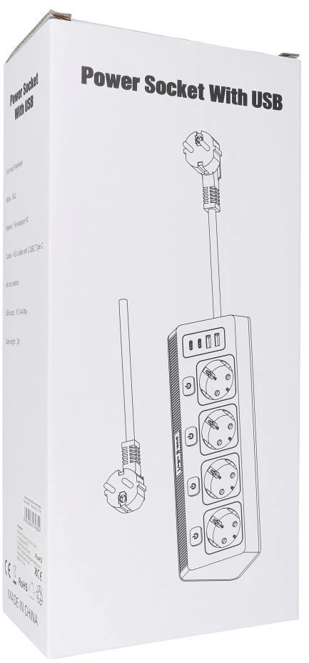 Oem Power strip with 4 sockets max 3680W, 2xUSB A, 2x type C jungtys with 2m power cable E42 baltas