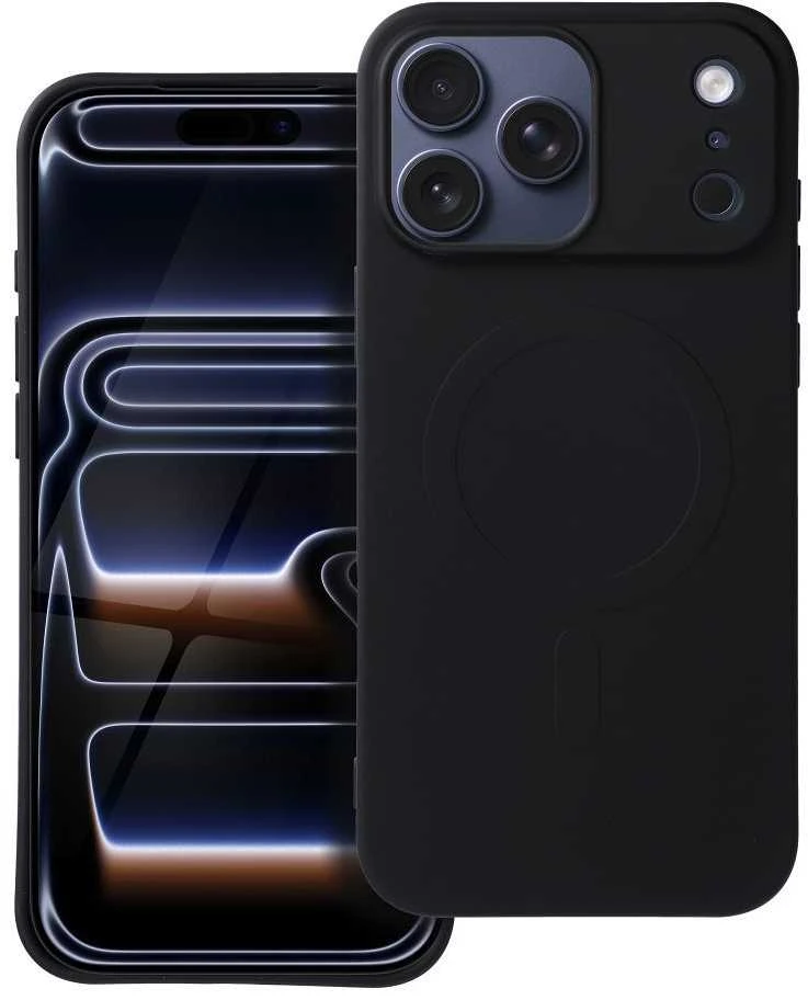 OEM dėklas, skirtas iPhone 17 Pro Max / 18 Pro Max (žemas kameros kraštas), silikoninis Mag dėklas, suderinamas su MagSafe (didelė skylė), juodas