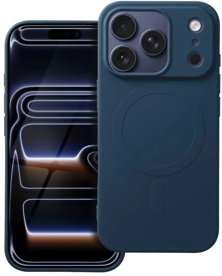 OEM dėklas, skirtas iPhone 17 Pro / 18 Pro (žemas kameros kraštas), silikoninis Mag dėklas, suderinamas su MagSafe (didelė skylė), mėlynas
