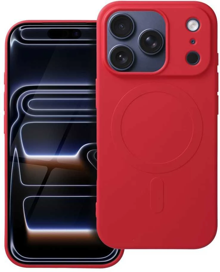 OEM dėklas, skirtas iPhone 17 Pro / 18 Pro (žemas kameros kraštas), silikoninis „MagSafe“ dėklas (didele skylute), raudonas