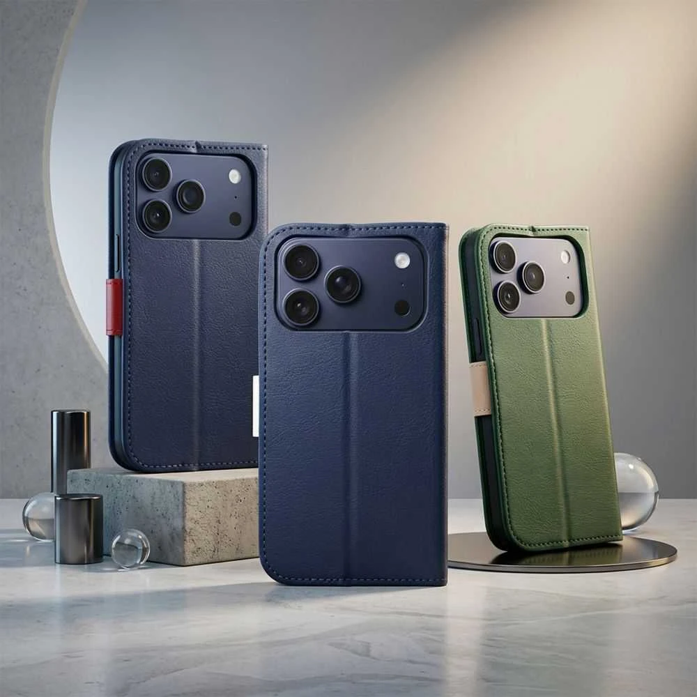 OEM atverčiamas dėklas, skirtas iPhone 17 PRO MAX / 18 PRO MAX, su knygutės formos iškirpte, tamsiai mėlynas ir raudonas