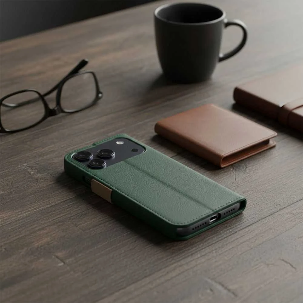 OEM atverčiamas dėklas iPhone 17 / 18 Split Book žalias ir auksinis