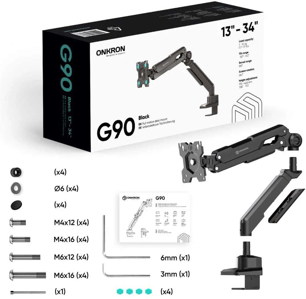 ONKRON G90-B Pasukamas ir pakreipiamas stalo laikiklis 13–34 colių monitoriams, maks. 10 kg, su rotacija, juodas