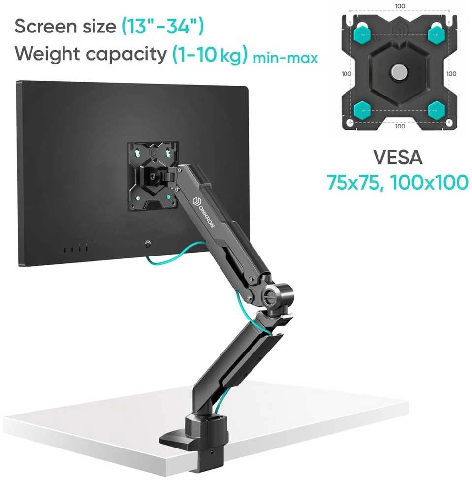 ONKRON G90-B Pasukamas ir pakreipiamas stalo laikiklis 13–34 colių monitoriams, maks. 10 kg, su rotacija, juodas