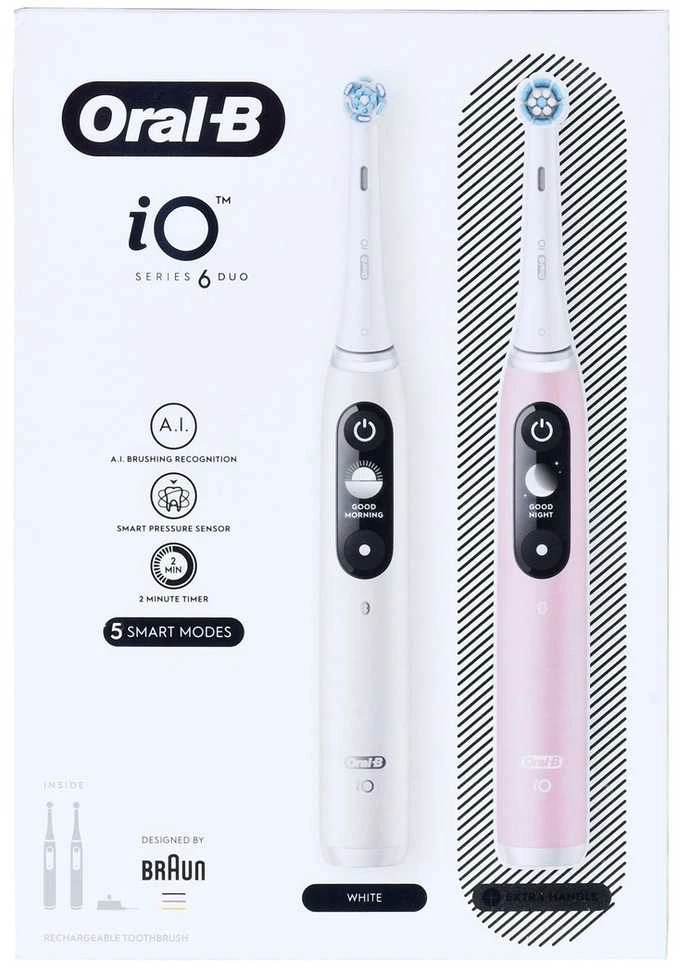 Braun iOM6d.2I6.1 Oral-B iO6 Duo Pack Elektrinis Dantų Šepetėlis Baltas + Rožinė Sand Extra Handle