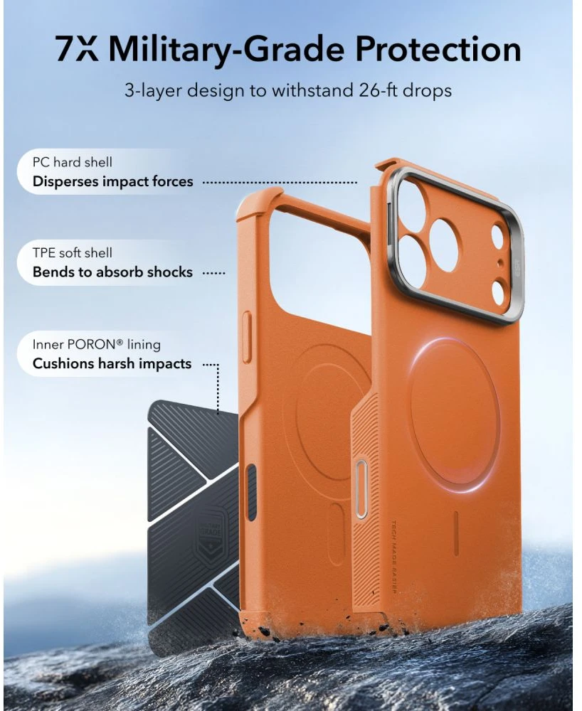 Dėklas ESR Cyber ​​Tough Kickstand MagSafe Case for iPhone 18 Pro / 17 Pro - Oranžinis