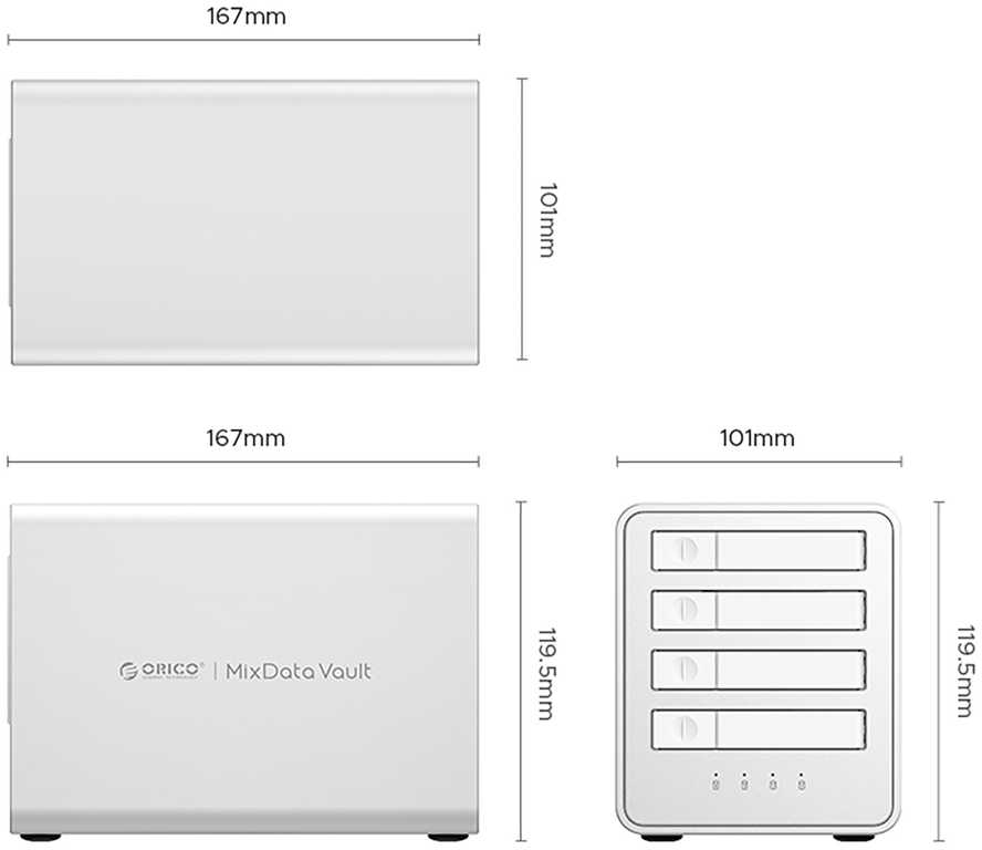 Orico 8848RC3 DAS serijos 4 skyrių 2,5" HDD/SSD/M.2 SATA/mSATA diskų masyvas – Baltas