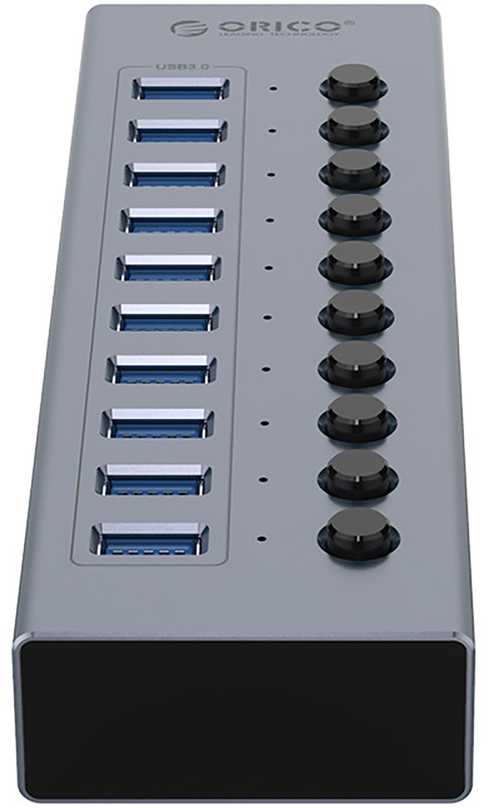 „Orico BT2U3-10AB“ šakotuvas, 10x USB-A 3.0, su jungikliais – pilkos spalvos