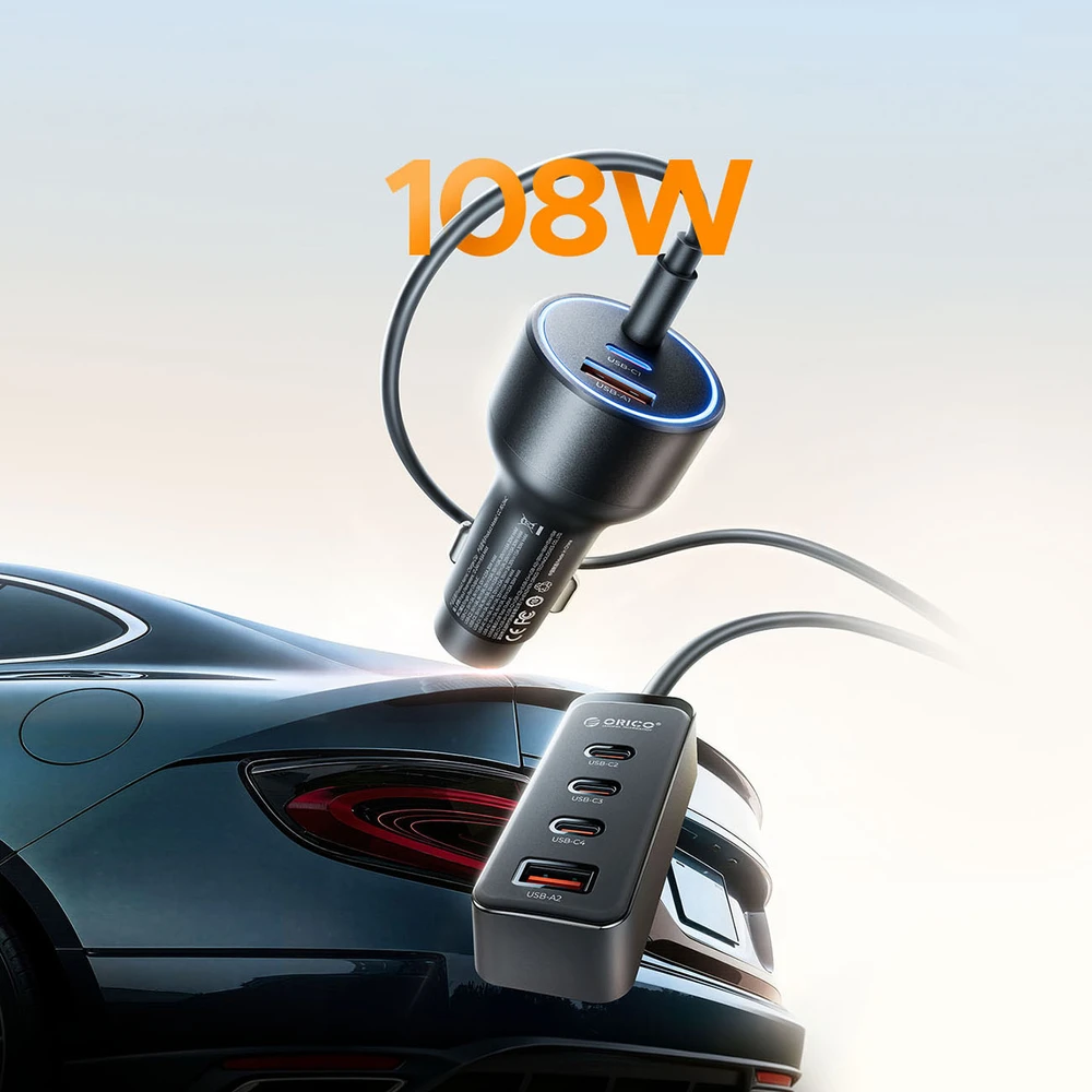 Orico ChargeClip 108W automobilinis įkroviklis 2x USB-A + 4x USB-C su spaustuku - Juodas